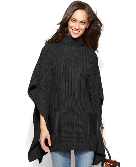 michael kors faux leather pocket turtleneck poncho|Michael Kors Turtleneck Poncho with Faux Leather Pockets, Size .